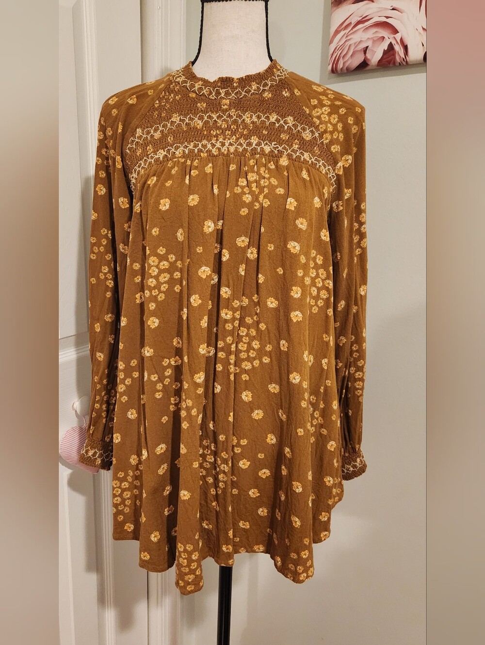 Free People Mustard Floral Smocked Yoke Tunic